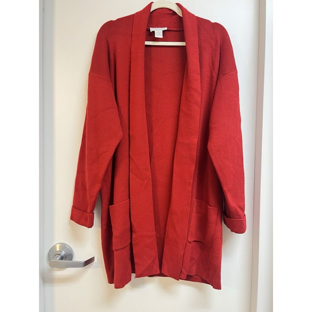 Vintage 80s Wool Blend Doncaster M Red Long Cardigan Sweater Classic Minimalist
